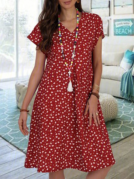 

JFN V Neck Polka Dots Casual Midi Dresses, Wine red, Floral Dresses