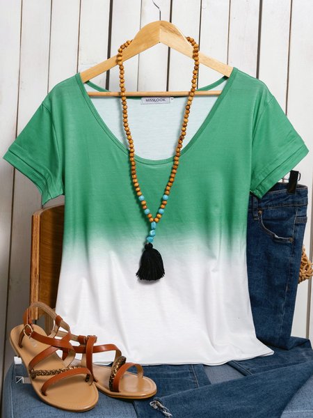 

Short Sleeve Casual V Neck Dip-Dyed T-shirt, Green, T-Shirts