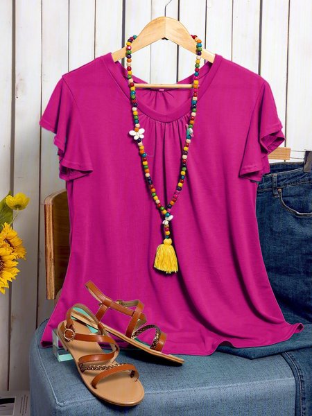 

Women Crew Neck Frill Sleeve T-Shirt, Fuchsia, T-Shirts