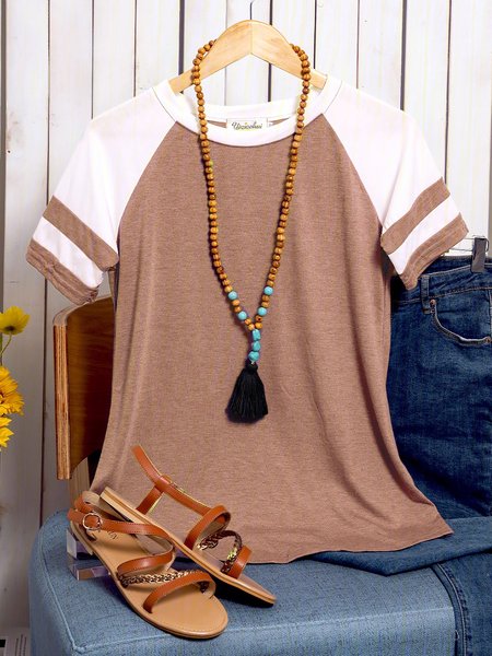 

Daily Cotton-Blend Paneled Short Sleeve Casual T-Shirts, Khaki, Tops