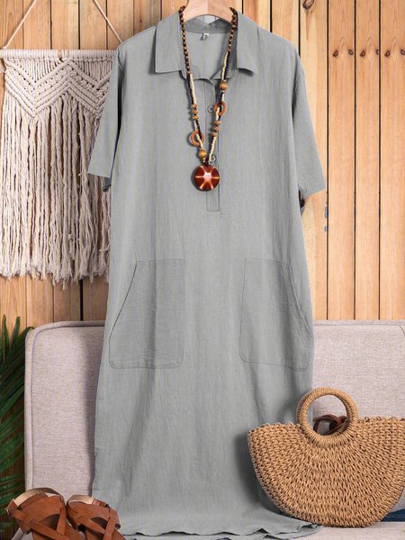 

White Women Shift Date Linen V neck Plain Weaving Dress, Gray, Casual Dresses