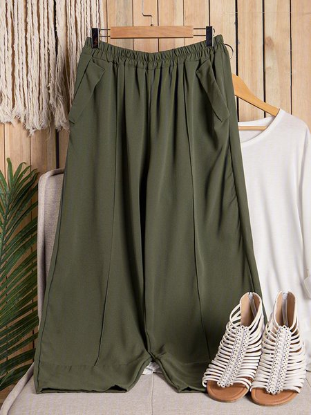 

Casual Linen Solid Pockets Elastic Band Pants, Green, Pants