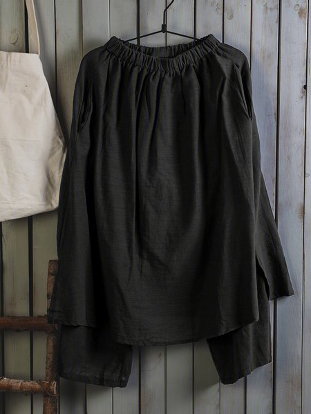 

Casual Linen Solid Pants, Black, Tops