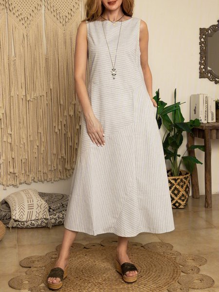 

Cotton Striped Sleeveless Women Long Maxi Weaving Dress, Light gray, Maxi Dresses