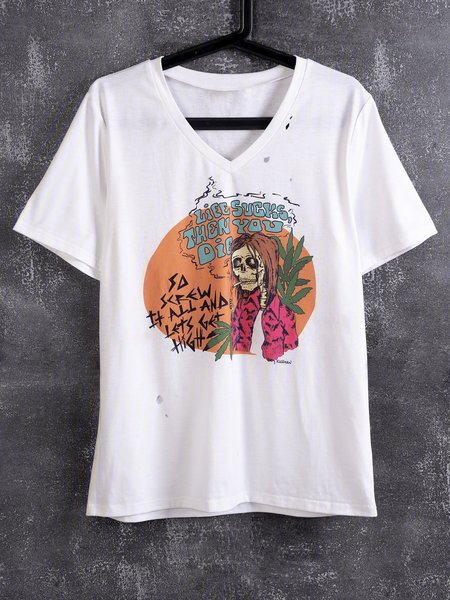 

Short Sleeve V Neck Casual Cotton-Blend T-shirt, White, Tees & T-shirts