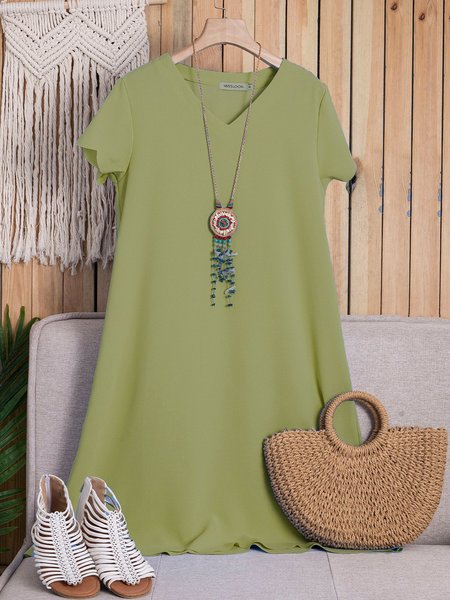 

V Neck Laser Cut Shift Short Sleeve Date Cotton-Blend Plain Casual Summer Weaving Dress, Green, Casual Dresses