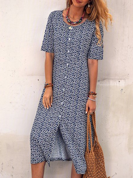 

Floral Midi Dress Plus Size Summer Crew Neck Dresses, Navy blue, Dresses