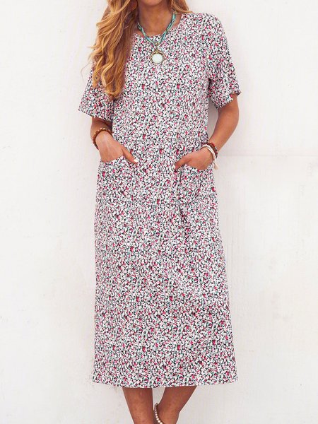 

Floral Pockets Midi Dress Summer Short Sleeve Weaving Dress, Pink, Casual Dresses