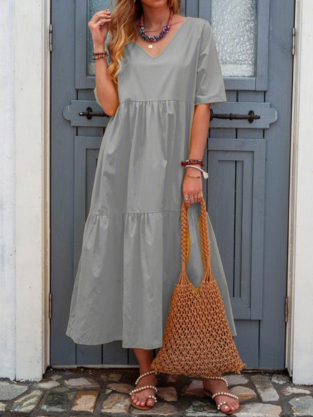 

Scollo a V Donna Abito Andare Fuori Panelled Casuale Cottone Abito, Grigio, Maxi Dresses