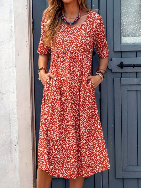

Ditsy Floral JFN Round Neck Pocket Vacation Midi Dress, Red, Floral Dresses