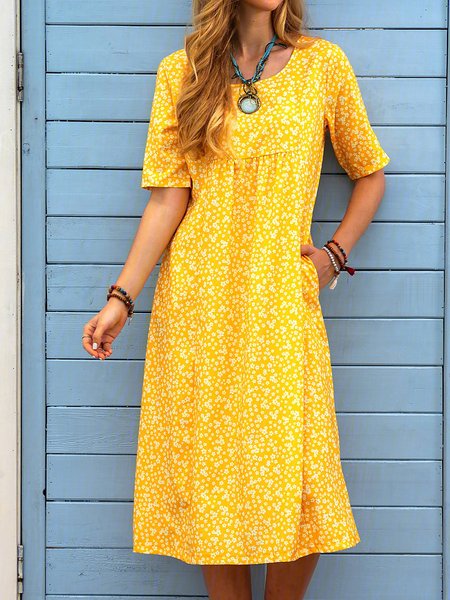

Ditsy Floral JFN Round Neck Pocket Vacation Midi Dress, Yellow, Floral Dresses
