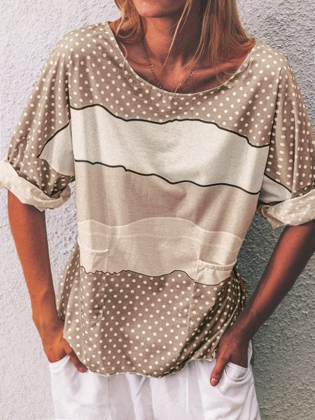 Top a Pois a 3/4 Manica di Cotone, Cachi, T-Shirts
