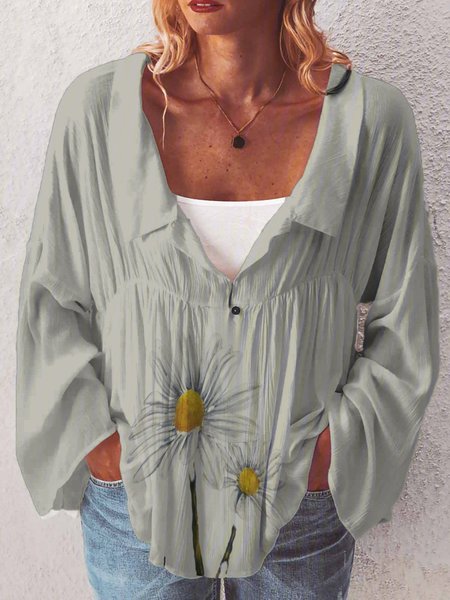 

White Casual Long Sleeve Shirt Collar Blouse, Khaki, Long sleeve tops