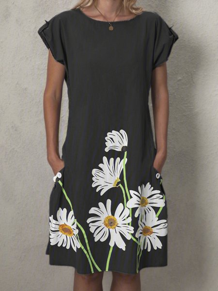 Grigio Maniche Corte Stampato Floreale Abito, Nero, Casual Dresses