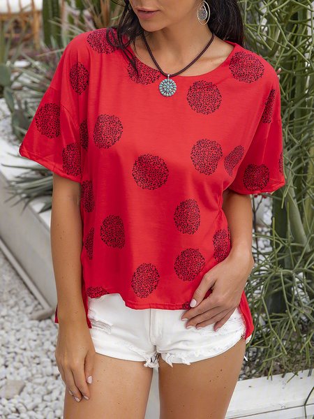 

Women Polka Dots Short Sleeve O-neck Vintage Shirts, Purple, Blouses & Shirts