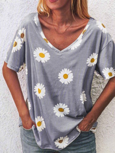 

Women Casual Plain V Neck Floral-Print Daisy Short Sleeve Summer T-shirt, Deep blue, Tees & T-shirts