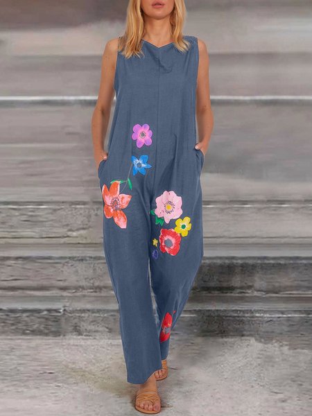 

Black Floral-print Holiday One-Pieces, Blue gray, Jumpsuits＆Rompers