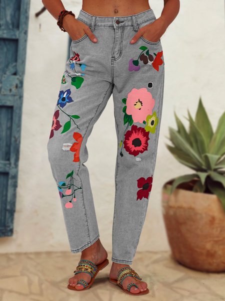 

Women Denim Floral Casual Pants With Pockets, Gray, Designers