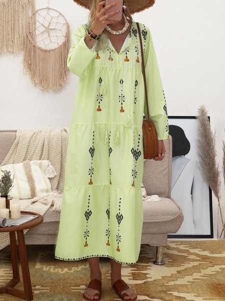 

V Neck Women Dresses Cotton Embroidered Dresses, Yellow green, Casual Dresses