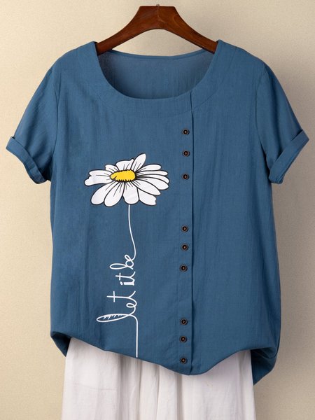 Blue Casual Floral Print Cotton T shirt