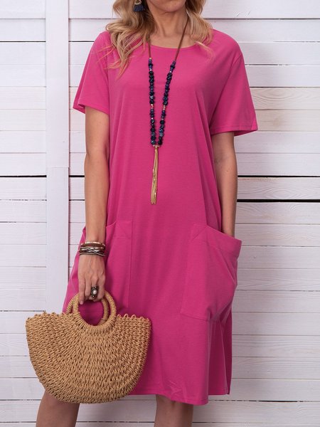 

Women Pockets Short Sleeve Casual Tunic Dress, Rose, Casual Dresses