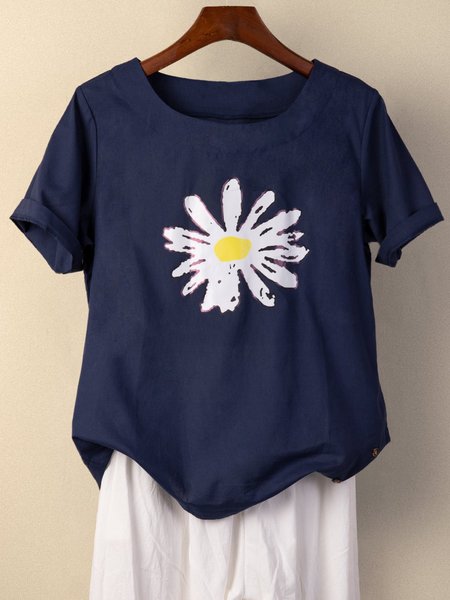 

Women Casual Blue Floral Daisy Crew Neck Loose Short Sleeve Summer T-shirt, Tees & T-shirts