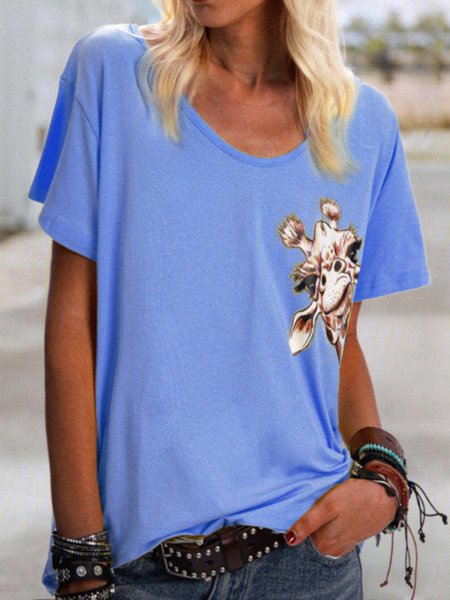 

Light Blue Simple Printed V Neck T-shirt, T-Shirts