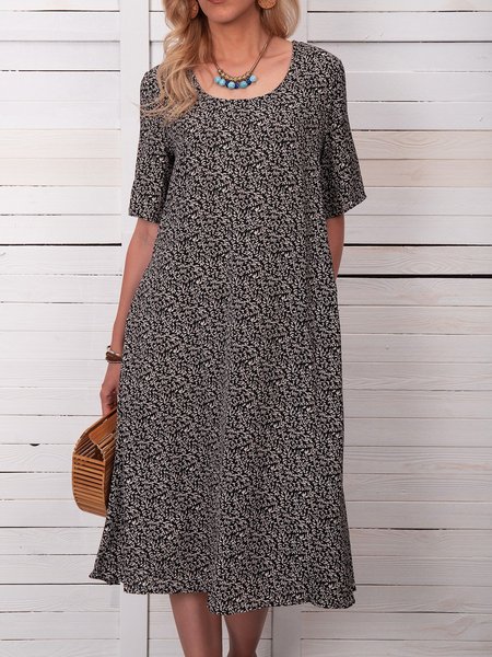 

Women Caftan Printed Pockets Summer Weaving Dress, Black, Casual Dresses