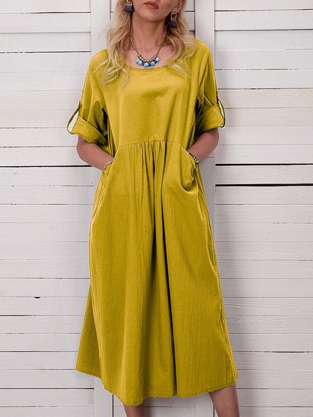 

Solid Pockets Midi Dress 3/4 Sleeve Weaving Dress, Yellow, Casual Dresses