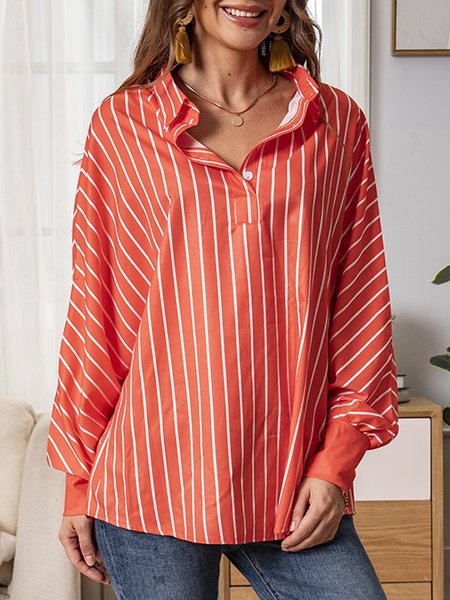 

Stripes V Neck Casual Long Sleeve Blouses, Red, Women's Clothing