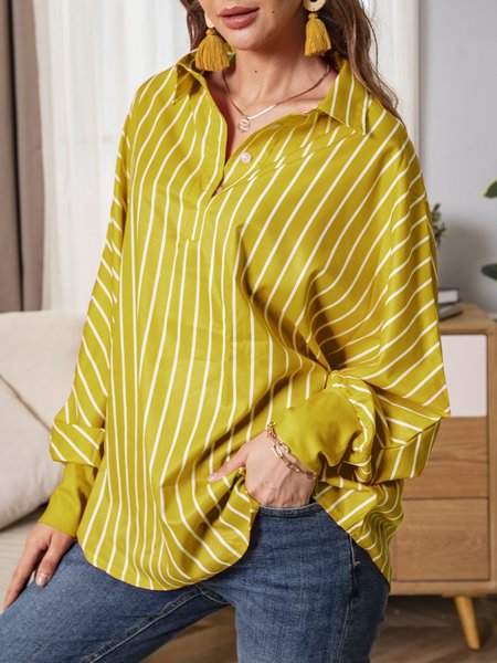 

Stripes V Neck Casual Long Sleeve Blouses, Yellow, Women's Clothing