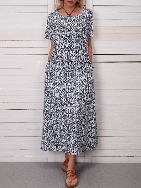 

Summer Maxi Dress Printed A-Crew Neck Weaving Dress, White, Floral Dresses