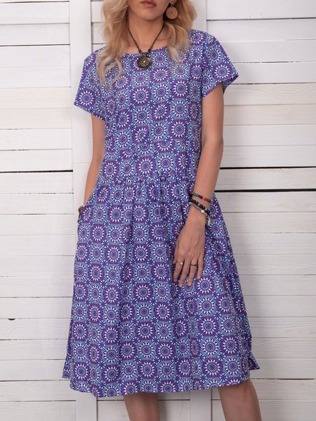 

Women Printed Pockets Shift Casual Summer Weaving Dress, Purple, Casual Dresses