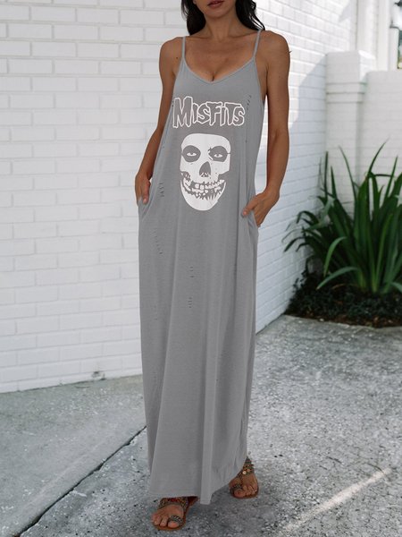 

Sleeveless Cotton V Neck Knitting Dress, Gray, Casual Dresses