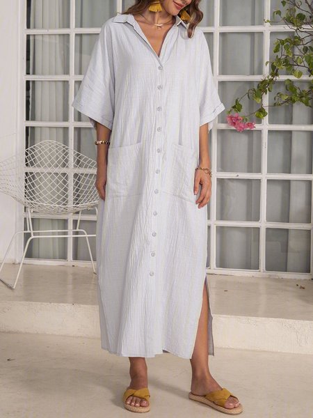 

Light Gray Shift Shirt Collar Cotton Short Sleeve Weaving Dress, Dresses