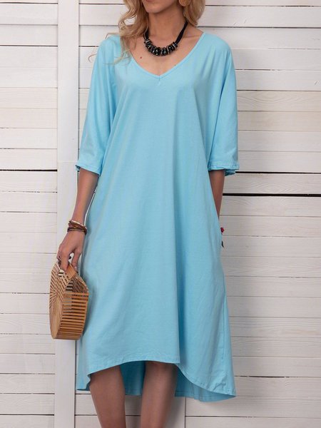 Women Pockets High Low Hem Solid Casual Dresses, Blue, Casual Dresses