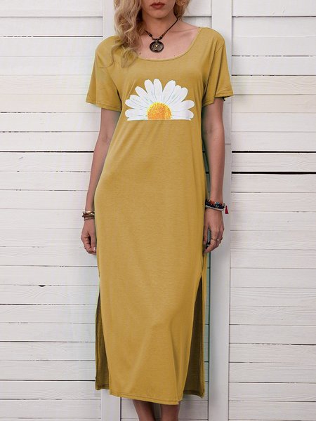 

Summer Printed Maxi Dress Crew Neck Women Weaving Dress, Yellow, Casual Dresses