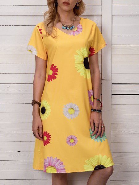 

V-neck ladies dress A-Line daily casual daisy print dress, Yellow, Floral Dresses