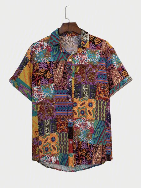 

Men's Geometric Casual Cotton Shirts, Red, Shirts ＆ Blouse