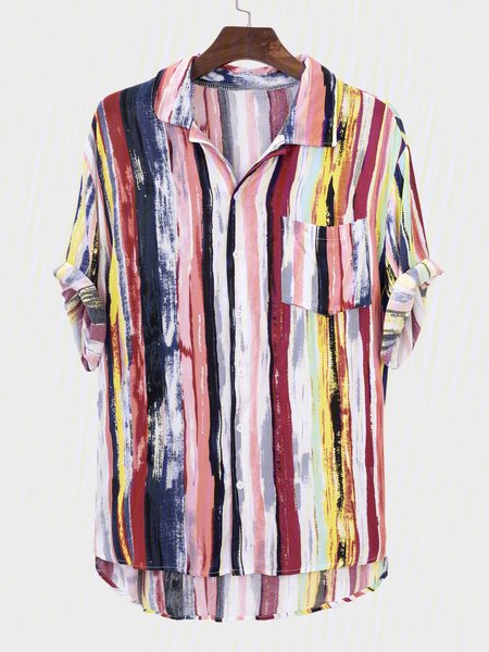 

Men's Chest Pockets Striped Cotton Shirts, Red, Shirts ＆ Blouse