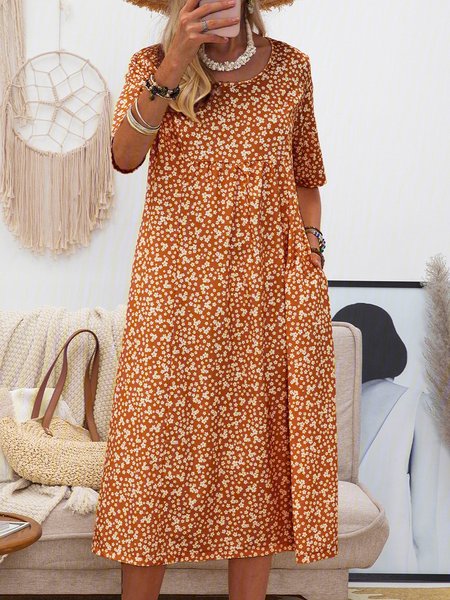 

Women Short Sleeve Round Neck Floral-Print Causal Midi Dress, Red, Midi