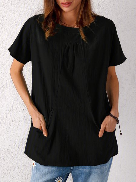 

Maniche Corte Tasche Misto Cotone Top, Nero, Blouses & Shirts
