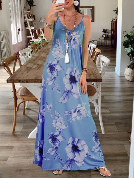 

Floral Casual V Neck Printed Sundresses, Blue, Dresses