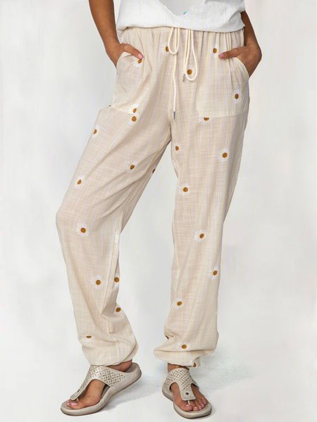

Beige Floral Casual Shift Cotton-Blend Pants, Pants