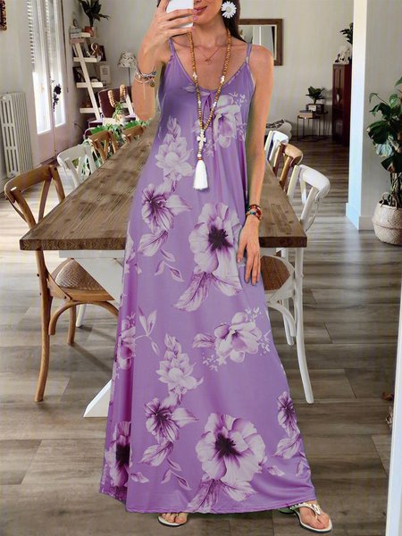 

Summer V neck Floral Casual Daytime Shift Sleeveless MaxiDress, Purple, Summer Dresses