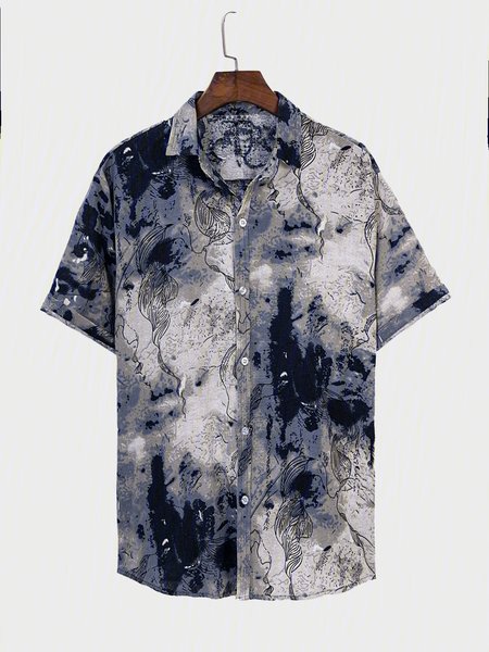 

Men's Abstract Printing Short Sleeve Loose Casual Shirts, Blue, Men's Floral shirt