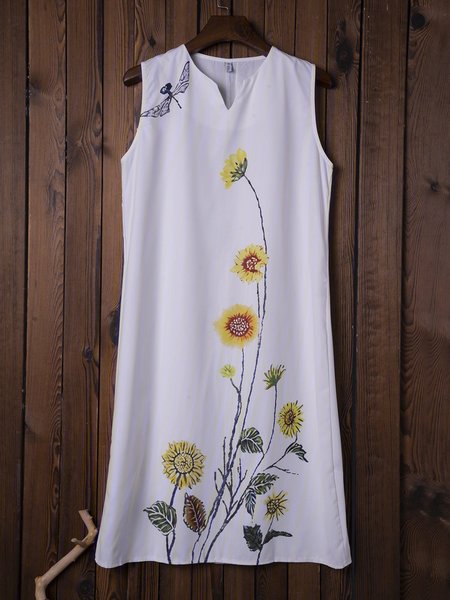 

White Floral Crew Neck Sleeveless Cotton-Blend Sundresses, Dresses