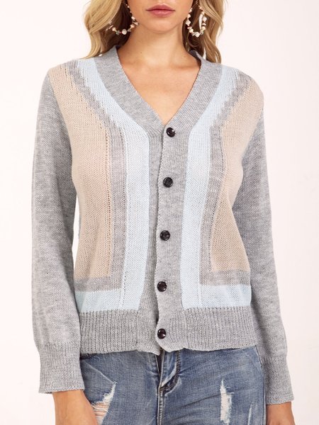 

Grey Long Sleeve Color-Block V Neck Knitted Sweater, Auto-clearance