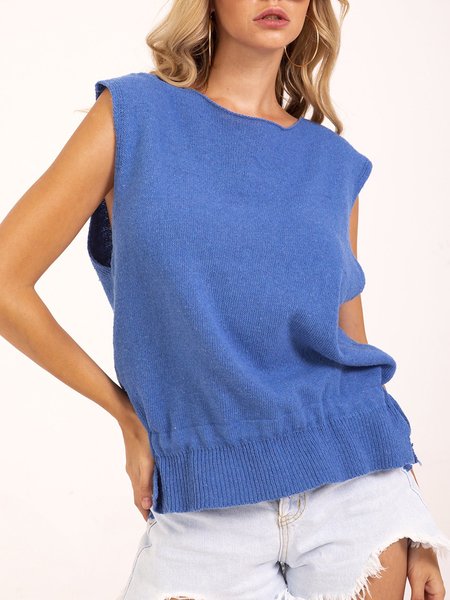 

Blue Sleeveless Casual Bateau/boat Neck Sweater, Pullovers