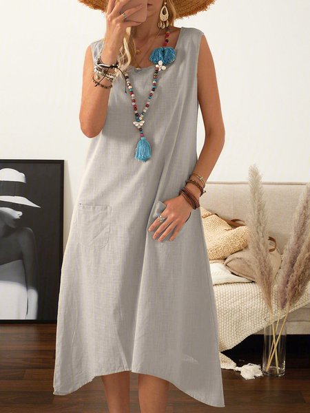 

Women Summer Sleeveless Midi Weaving Dress Crew Neck A-Line Daily Cotton Plain Weaving Dress, Beige, Casual Dresses
